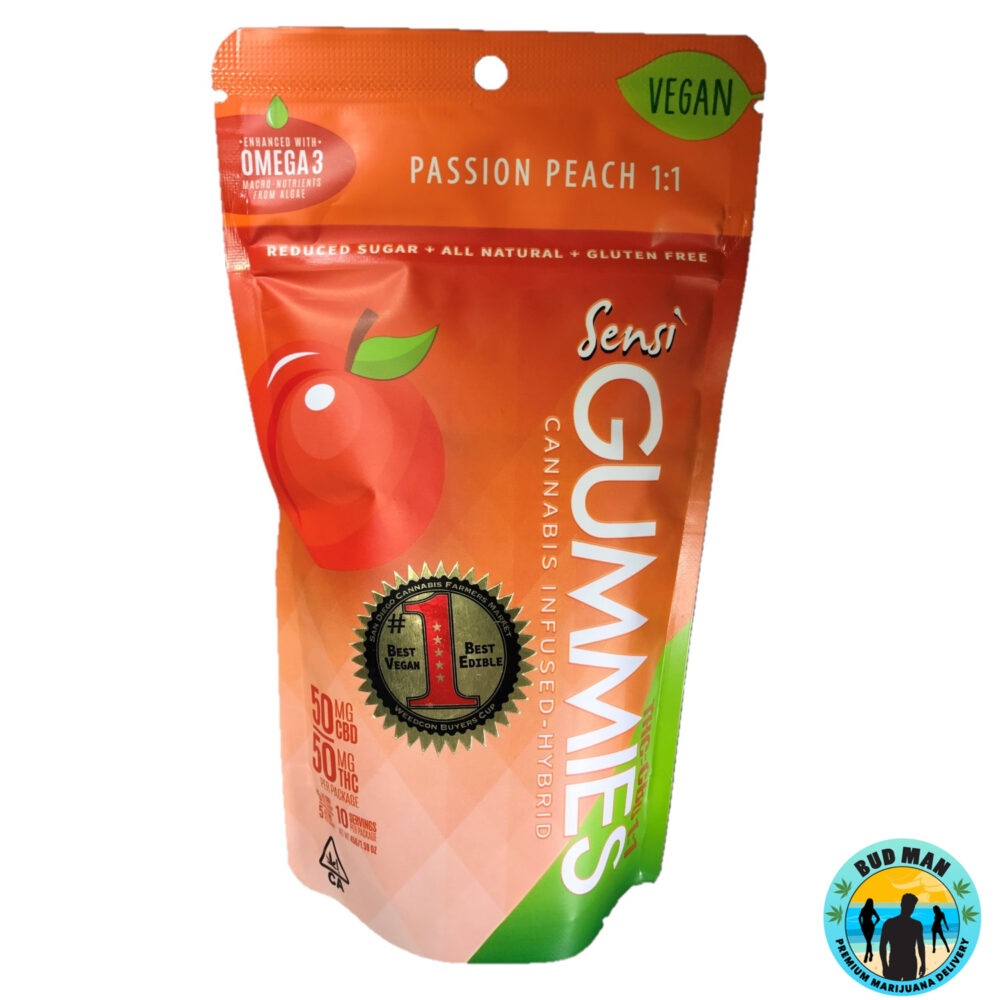 Sensi Chew Passion Peach Vegan 11 Gummies (50mg THC 50mg CBD) Bud